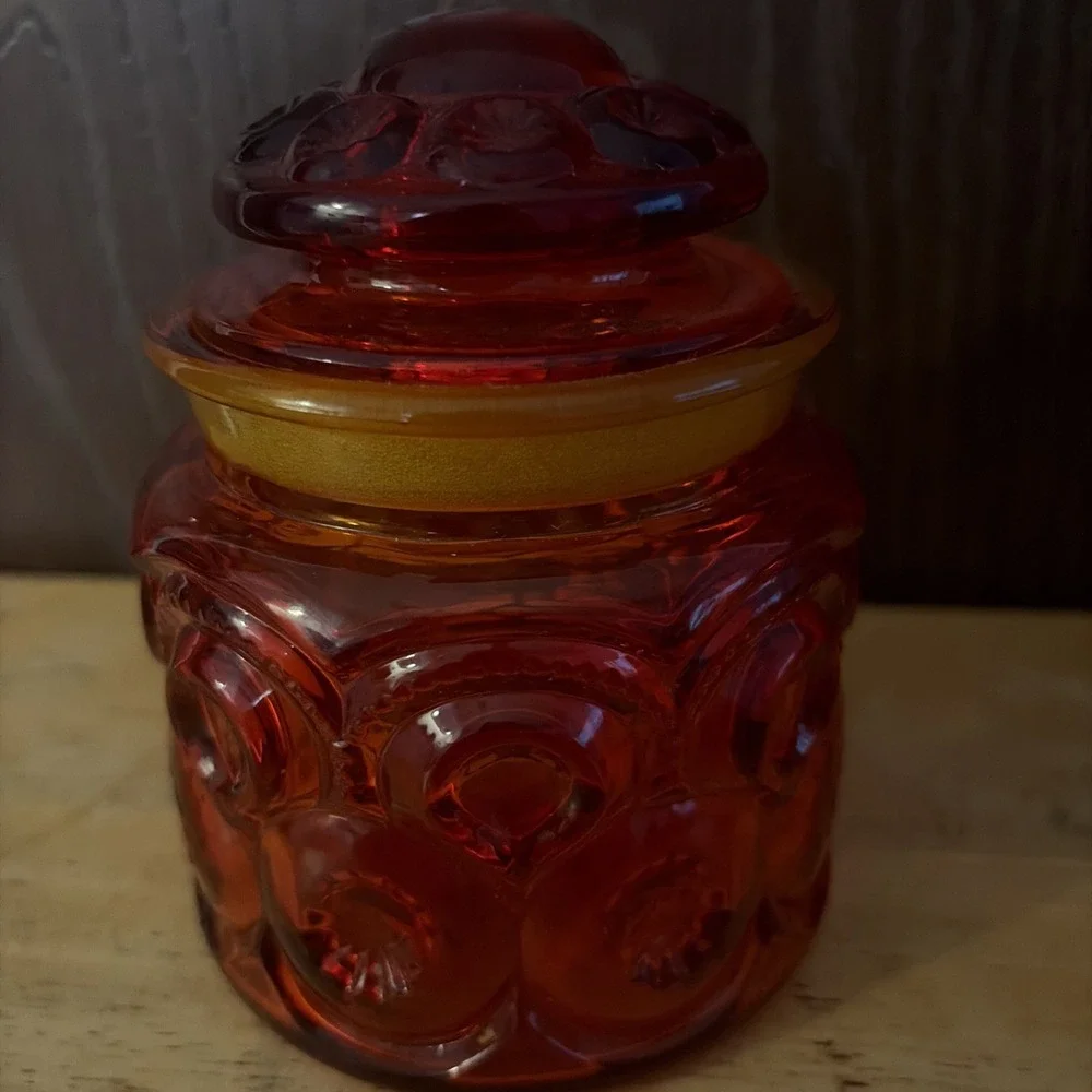 Vintage LE Smith Amberina Moon And Star Canister Lidded Glass Jar 5 In